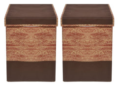 Heart Home Wooden Design Non-Woven Laundry Basket, Clothes Hamper For Laundry Closet, Bedroom, Bathroom With Lid & Handles- Pack of 2 (Brown)-44HH0200