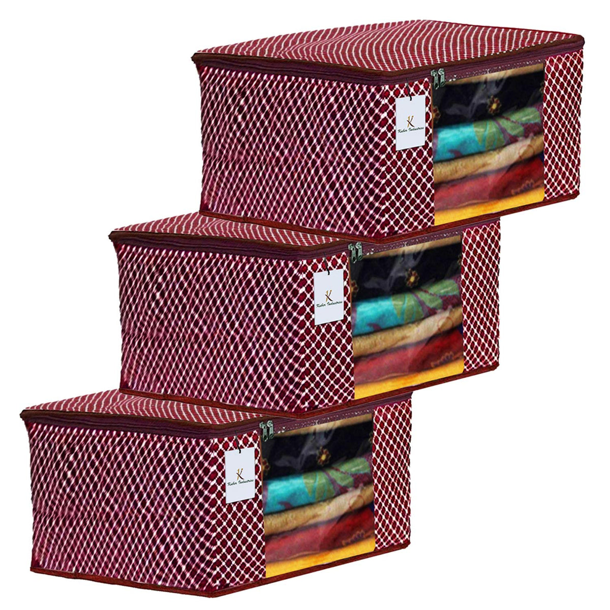 Kuber Industries Cotton 3 Layered Quilted Saree Cover|Polka Dots & Sturdy Material|Zipper Closure & Transparent Window |Pack of 3 (Maroon) - CTKTC031053