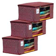 Kuber Industries Cotton 3 Layered Quilted Saree Cover|Polka Dots & Sturdy Material|Zipper Closure & Transparent Window |Pack of 3 (Maroon) - CTKTC031053