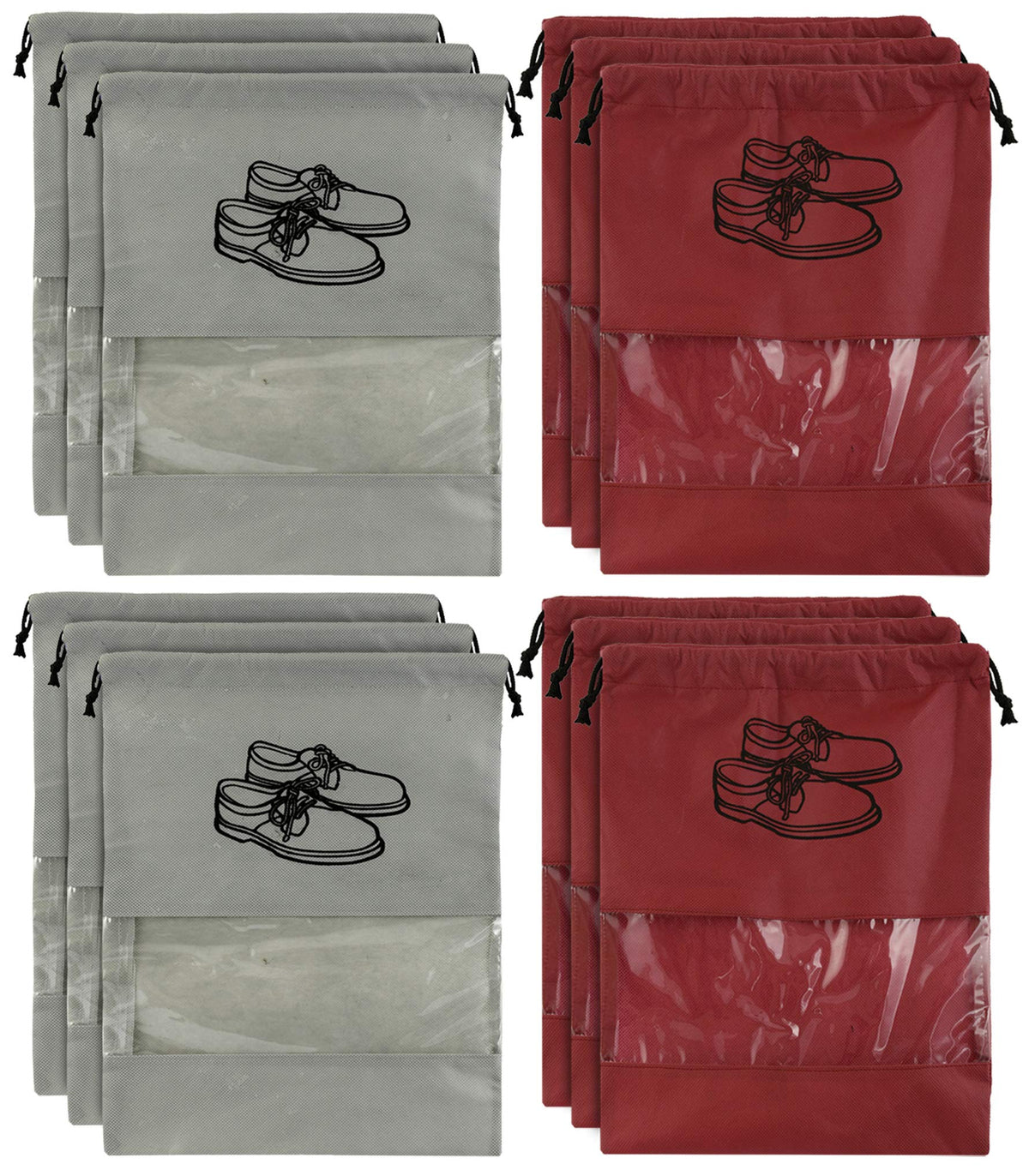 Kuber Industries 12 Piece Non Woven Travel Shoe Organizer Space Saving Fabric Storage Bags Organizer (Grey & Maroon)-KUBMART974