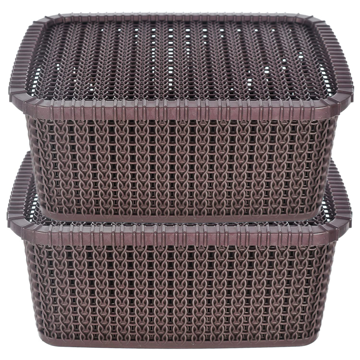 Heart Home Multipurposes Large M 20 Plastic Basket, Organizer For Kitchen, Countertops, Cabinets, Bathroom With Lids- Pack of 2 (Brown) -46HH064