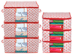 Heart Home Dot Printed Foldable, Lightweight Non-Woven 3 Saree Cover & 3 Underbed Storage Bag Set For Saree, Clothes, Blankets With Tranasparent Window, Set of 6 (Pink)-46HH0614