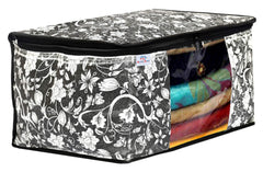 Heart Home Metalic Flower Print 2 Piece Non Woven Fabric Saree Cover Set with Transparent Window, Extra Large (Black)-HHEART16516