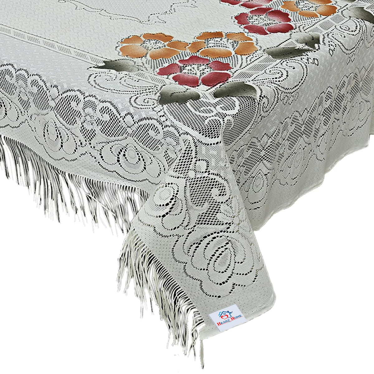 Heart Home Flower Printed Home Decorative Luxurious 4 Seater Cotton Center Table Cover/Table Cloth with Jhalar Border, 40"x60" (White)-44HH0118