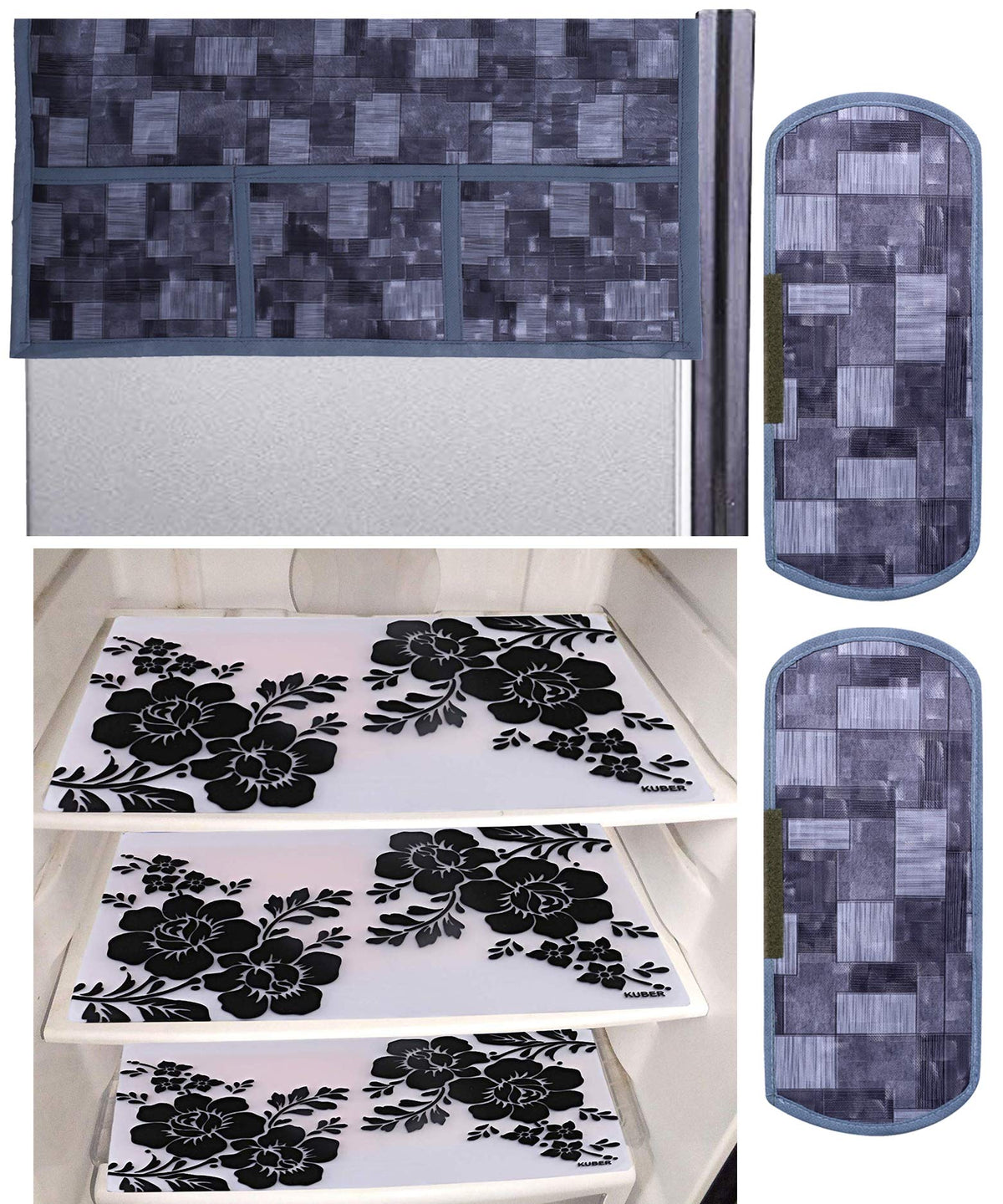 Kuber Industries Flower Design 3 Pieces PVC Fridge Mats,2 Piece Handle Cover and 3D Checkered Design 1 Piece Fridge Top Cover (Grey) - CTKTC39810