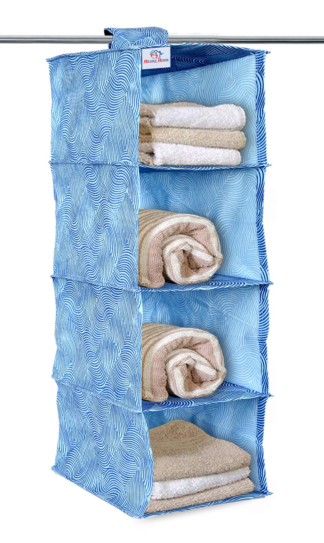 Heart Home Laheriya Print Non Woven Hanging 4 Shelves Foldable Wardrobe/Closet Cloth Organizer (Blue)-KUBMART15342