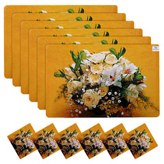 Heart Home Flower Printed PVC Dining Table Placemats with Tea Coaster Set, Set of 12 (Yellow)