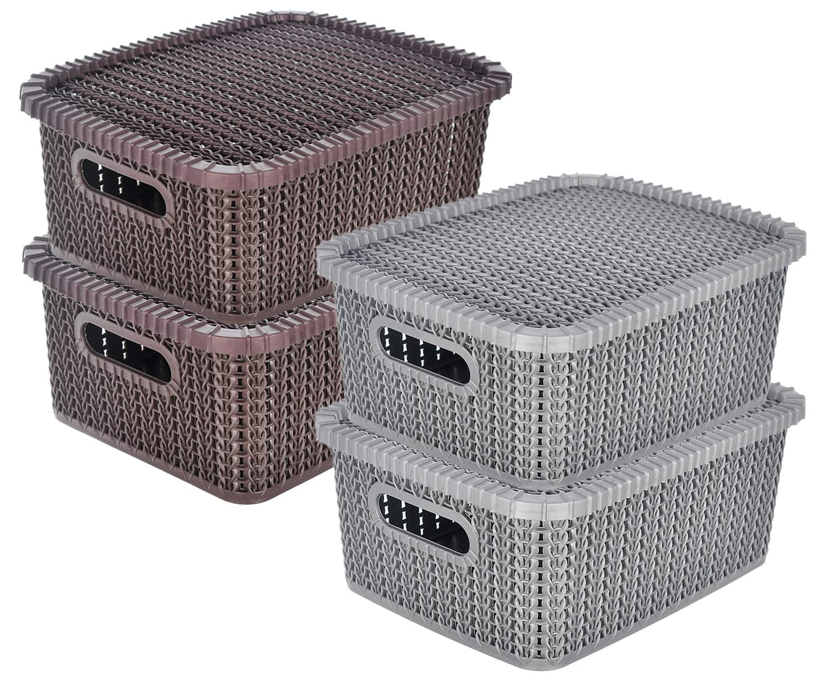 Heart Home Multiuses Large M 20 Plastic Basket/Organizer With Lid- Pack of 4 (Grey & Brown) -46HH083