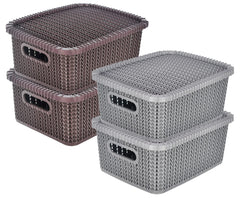 Heart Home Multiuses Large M 20 Plastic Basket/Organizer With Lid- Pack of 4 (Grey & Brown) -46HH083