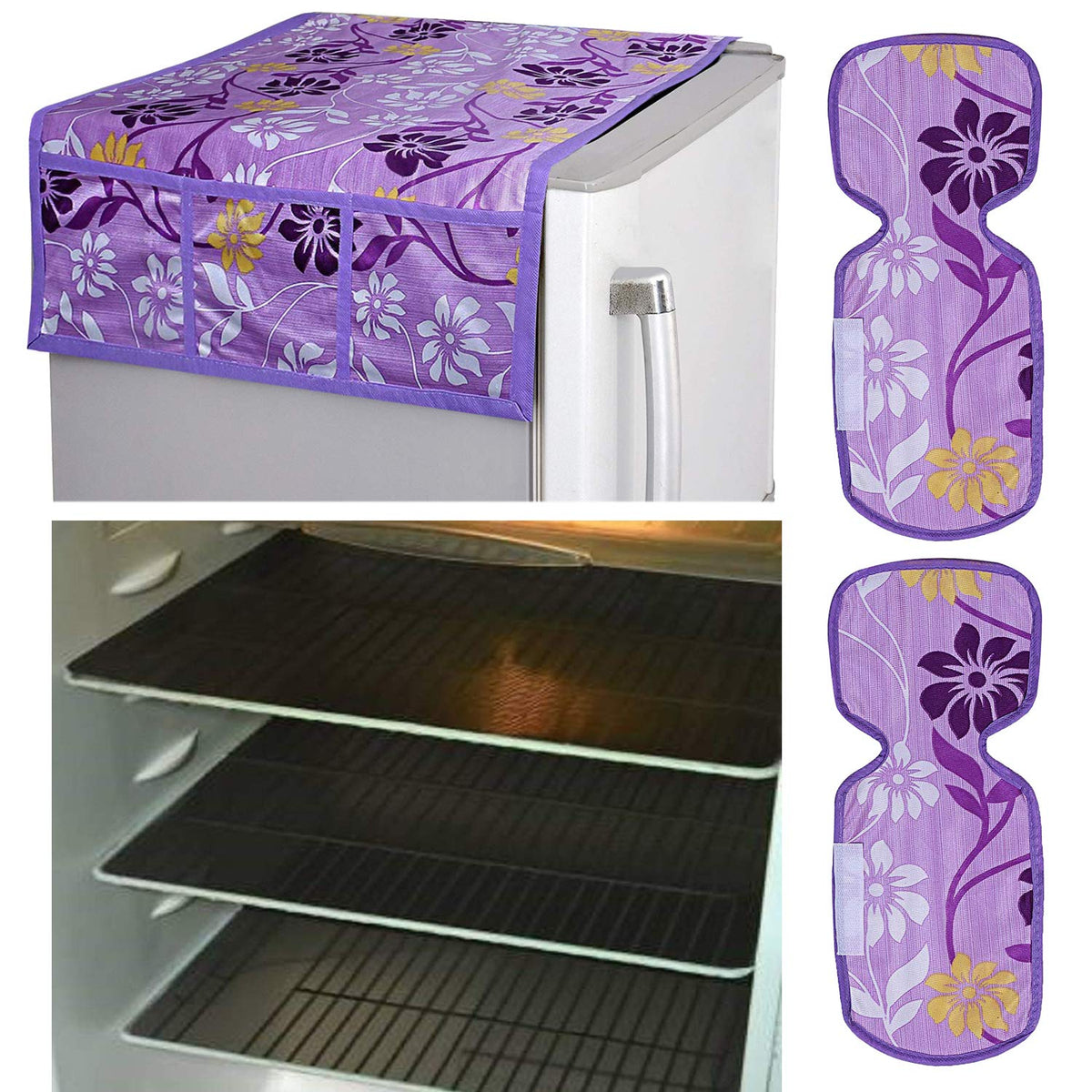 Kuber Industries Flower Design Combo PVC 3 Pieces Fridge Mats, 2 Piece Handle Cover and 1 Piece Fridge Top Cover(Purple)