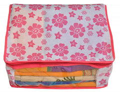 Kuber Industries Floral Design Non Woven Saree Cover Set|Transparent Window & Zipper Closure|Regular Cloth Bag|Wardrobe Organiser Set|Pack of 6 (Pink)