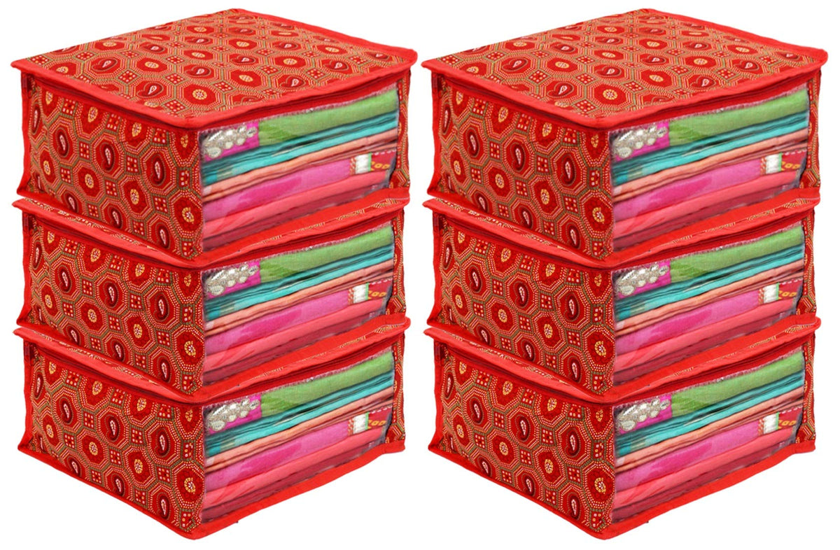 Kuber Industries Bandhani Design 6 Piece Cotton Saree Cover/Wardrobe Storage Organizer (Red) -CTKTC39018