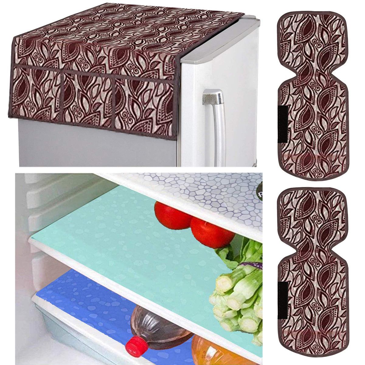 Kuber Industries Leaf Design Combo PVC 3 Pieces Fridge Mats, 2 Piece Handle Cover and 1 Piece Fridge Top Cover(Maroon)