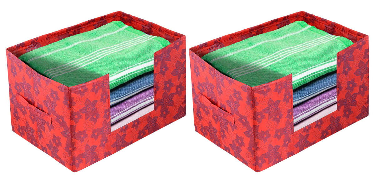 Heart Home Metallic Flower Printed Multiuses Non-Woven Closet Organizer, Storage Bin, Shelf Storage Oragnizer With Handle- Pack of 2 (Red)-HS43HEARTH26407
