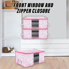 Heart Home Underbed Storage Bag | Clothes Storage Organizer | Blanket Cover with Clear Window | Zipper Closure & Handle Cloth Organizer | Flower Patta-Design | Large | Pack of 3 | Pink