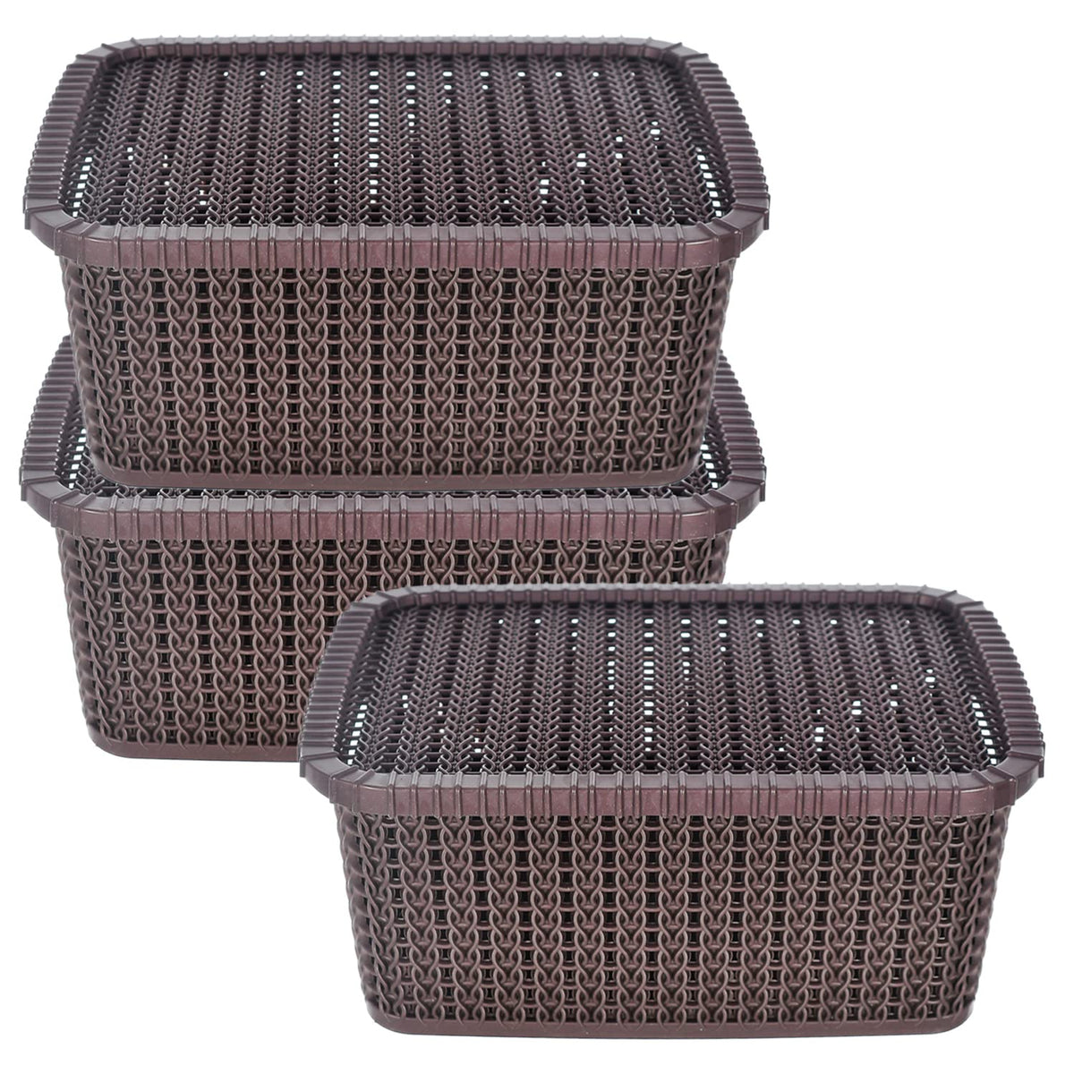 Heart Home Multipurposes Large M 20 Plastic Basket, Organizer For Kitchen, Countertops, Cabinets, Bathroom With Lids- Pack of 3 (Brown) -46HH066