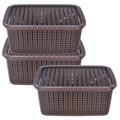 Heart Home Multipurposes Large M 20 Plastic Basket, Organizer For Kitchen, Countertops, Cabinets, Bathroom With Lids- Pack of 3 (Brown) -46HH066