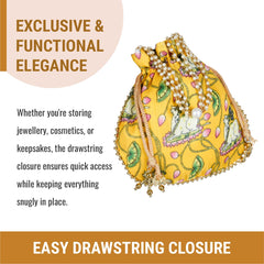Heart Home Potli|Silk Wedding Potli|Wallet Potli|Christmas Gift Potli|Baby Shower Potli|Traditional Shagun Potli|Drawstring with Beads Handle Potli|Cow-Design Patli Potli|Pack of 3|Yellow