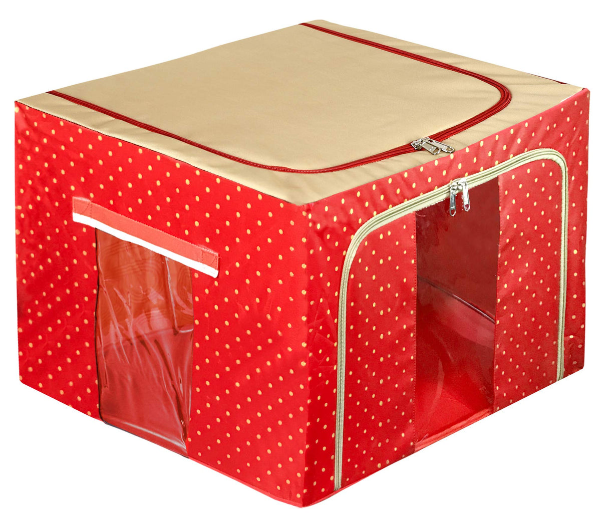 Kuber Industries Dot Printed Steel Frame Living Box, Closet Organizer, Cloth Storage Boxes for Wardrobe With Clear Window, 88Ltr. (Red & Brown)-44KM0262