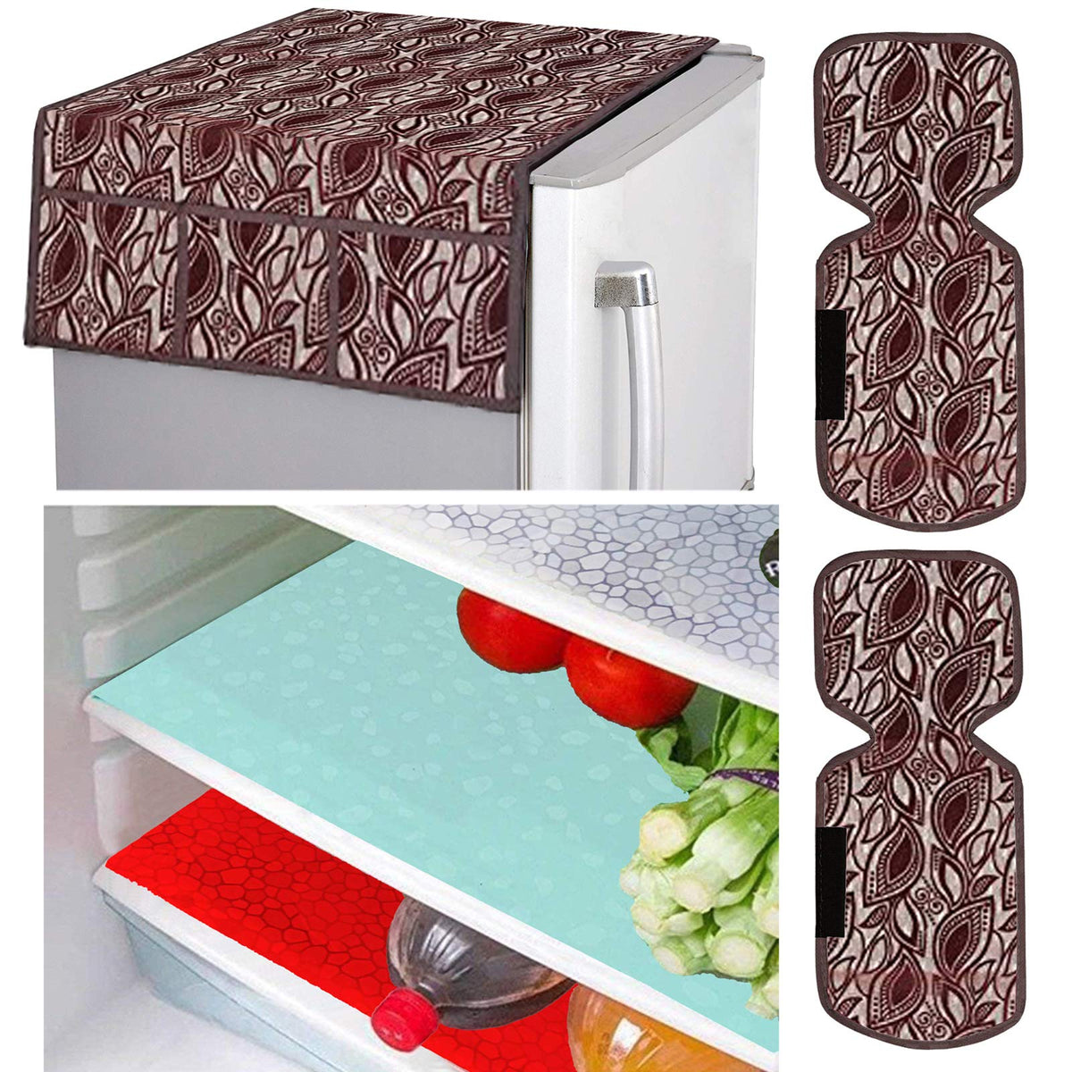 Kuber Industries Leaf Design Combo PVC 3 Pieces Fridge Mats, 2 Piece Handle Cover and 1 Piece Fridge Top Cover(Maroon)