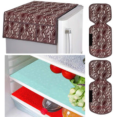Kuber Industries Leaf Design Combo PVC 3 Pieces Fridge Mats, 2 Piece Handle Cover and 1 Piece Fridge Top Cover(Maroon)