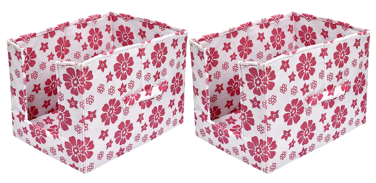 Heart Home Flower Printed Multiuses Non-Woven Closet Organizer With Handles- Pack of 2 (White & Pink) -HS43HEARTH26509