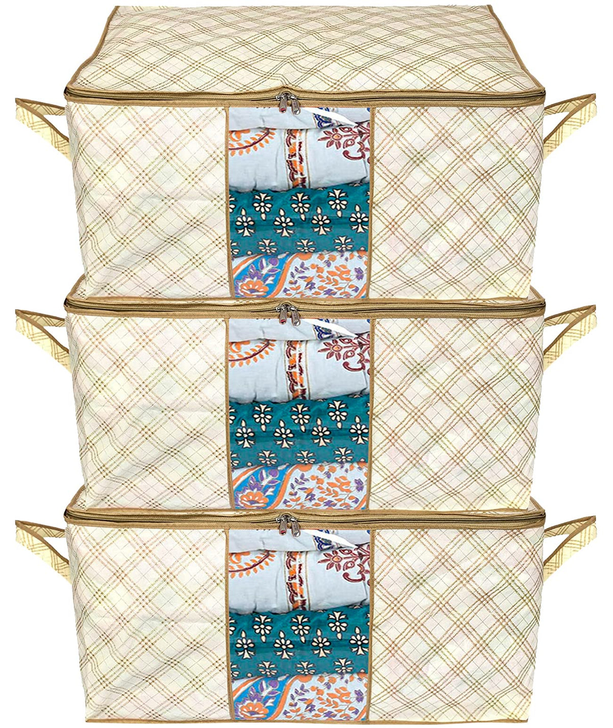 Heart Home Tartan Design Non-woven Underbed, Strorage Organizer With Transparent Window- Pack of 3 (Beige)-44HH0494