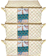 Heart Home Tartan Design Non-woven Underbed, Strorage Organizer With Transparent Window- Pack of 3 (Beige)-44HH0494