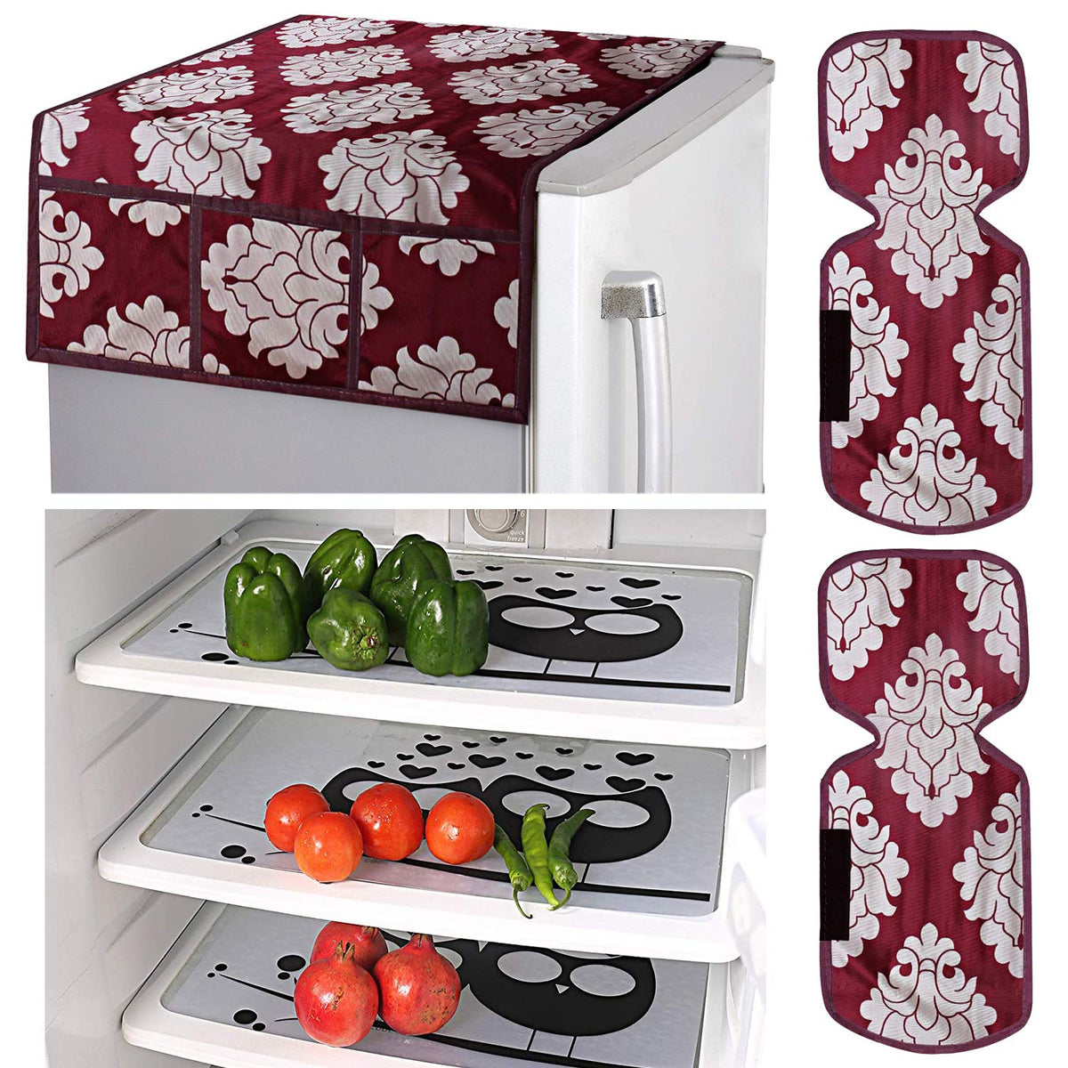 Kuber Industries Flower Design Combo PVC 3 Pieces Fridge Mats, 2 Piece Handle Cover and 1 Piece Fridge Top Cover(Maroon)