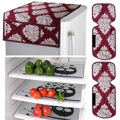 Kuber Industries Flower Design Combo PVC 3 Pieces Fridge Mats, 2 Piece Handle Cover and 1 Piece Fridge Top Cover(Maroon)