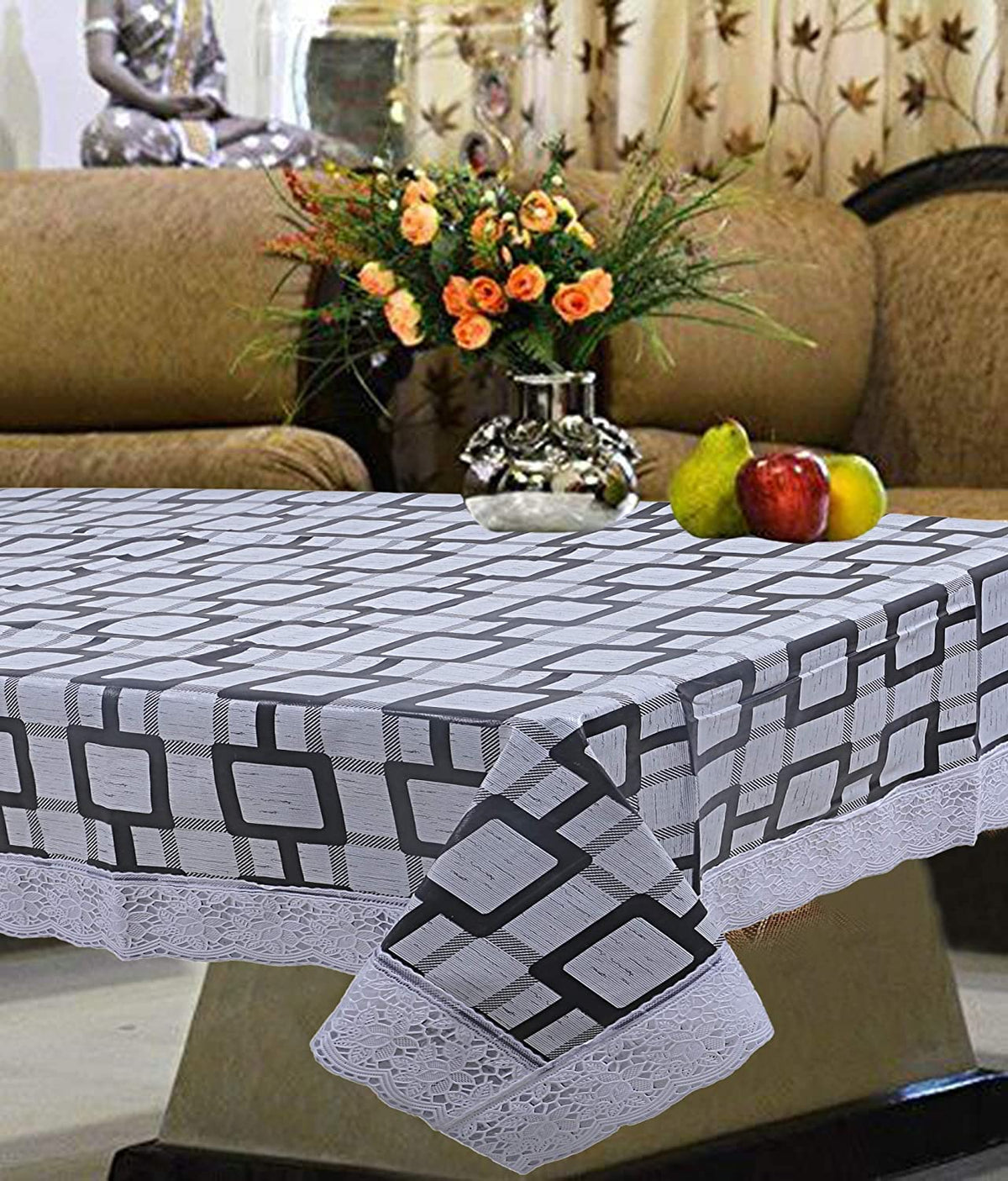 Kuber Industries Checkered PVC 4 Seater Center Table Cover - White