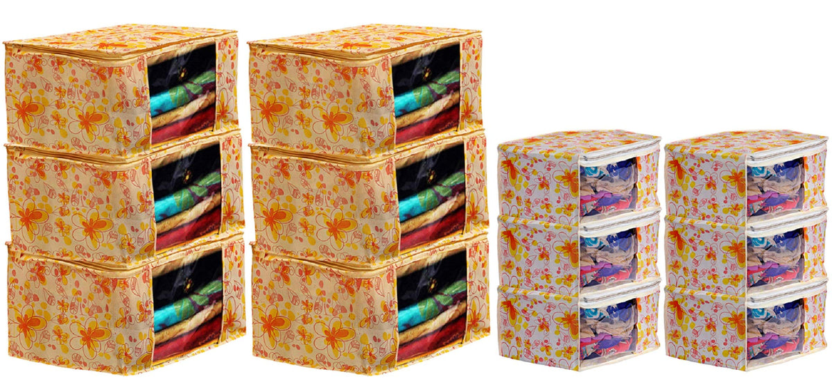 Kuber Industries Flower Design Non Woven 6 Piece Saree Cover/Cloth Wardrobe Organizer And 6 Pieces Blouse Cover Combo Set (Ivory & Red) -CTKTC038437