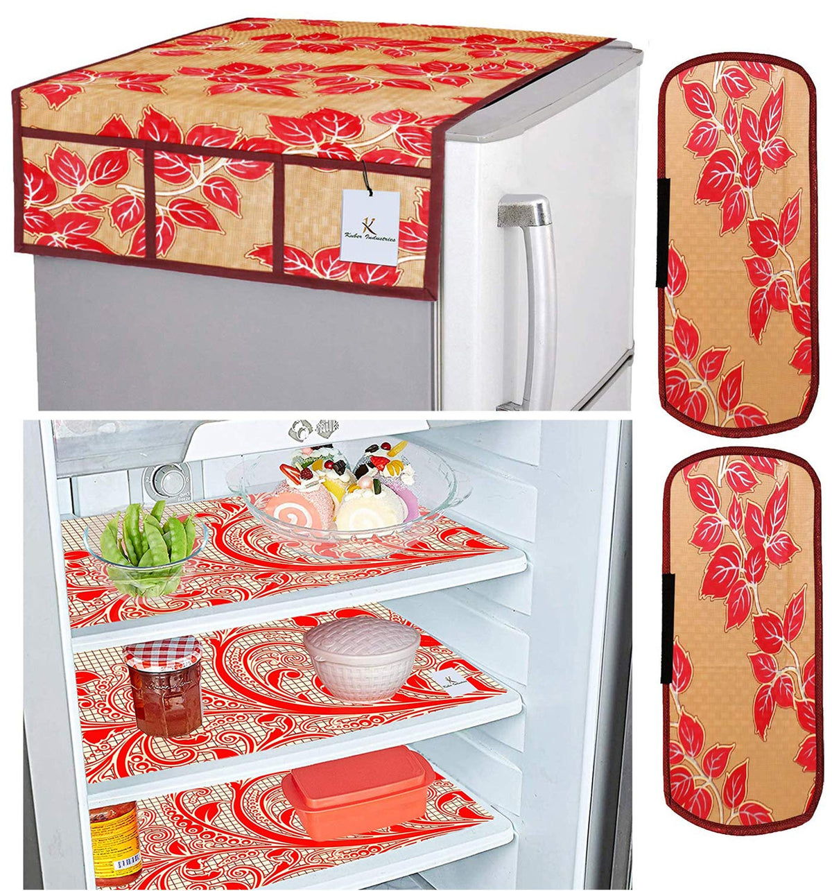 Kuber Industries Leaf Design 3 Pieces PVC Fridge Mats, 2 Piece Handle Cover and 1 Piece Fridge Top Cover (Gold & Red)-KUBMART2848