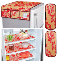 Kuber Industries Leaf Design 3 Pieces PVC Fridge Mats, 2 Piece Handle Cover and 1 Piece Fridge Top Cover (Gold & Red)-KUBMART2848