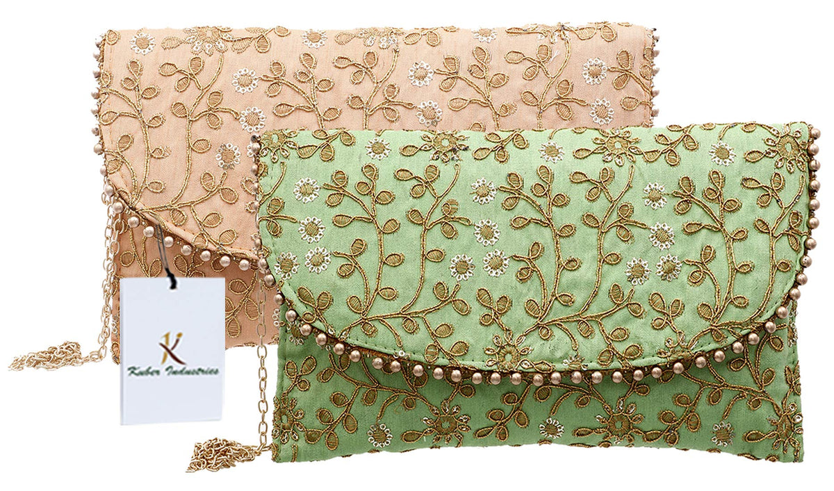 Kuber Industries Women's Handcrafted 2 Pieces Embroidered Clutch Bag Purse Handbag for Bridal, Casual, Party, Wedding (Green & Peach) - CTKTC34529