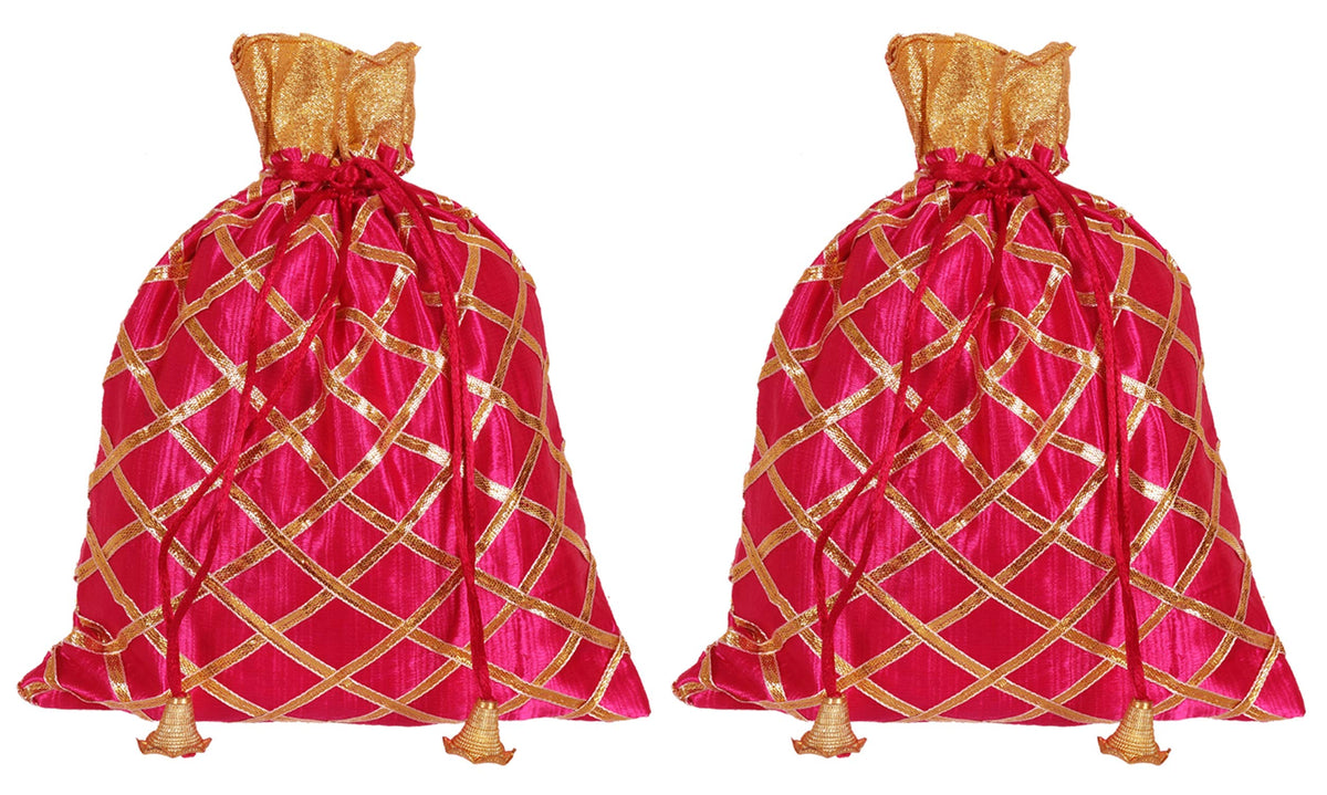 Kuber Industries Potli Bags Handbags for Women Gifting Wristlets for Wedding, Festival, Kitty Subh Shagun-Pack of 2 (Pink)