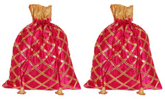 Kuber Industries Potli Bags Handbags for Women Gifting Wristlets for Wedding, Festival, Kitty Subh Shagun-Pack of 2 (Pink)