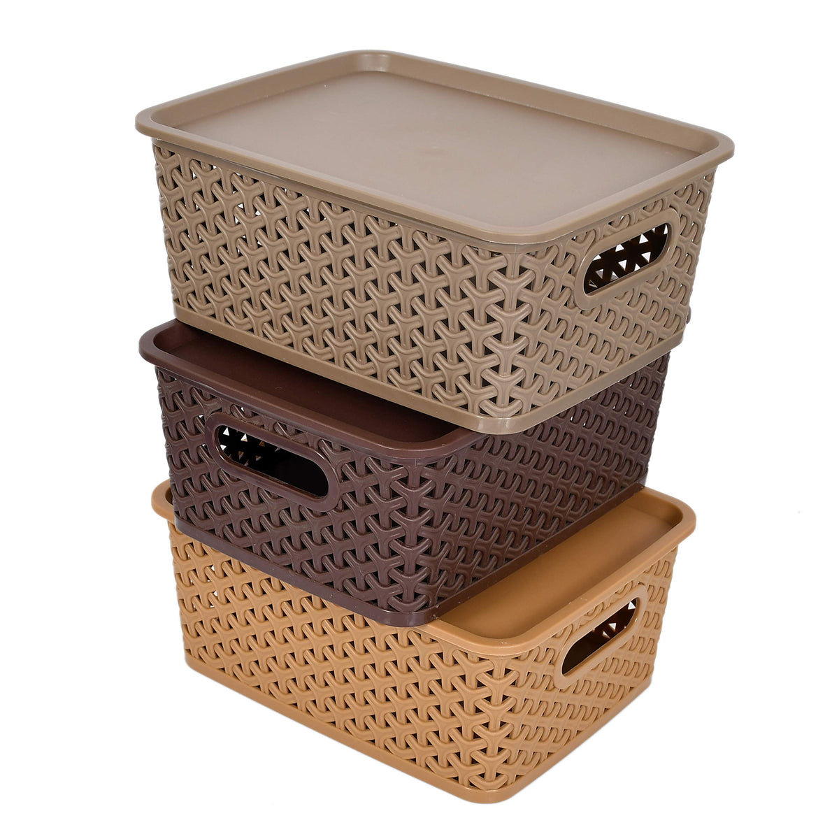 Fun Homes Plastic 3 Pieces Small Size Multipurpose Solitaire Storage Basket with Lid (Multi)