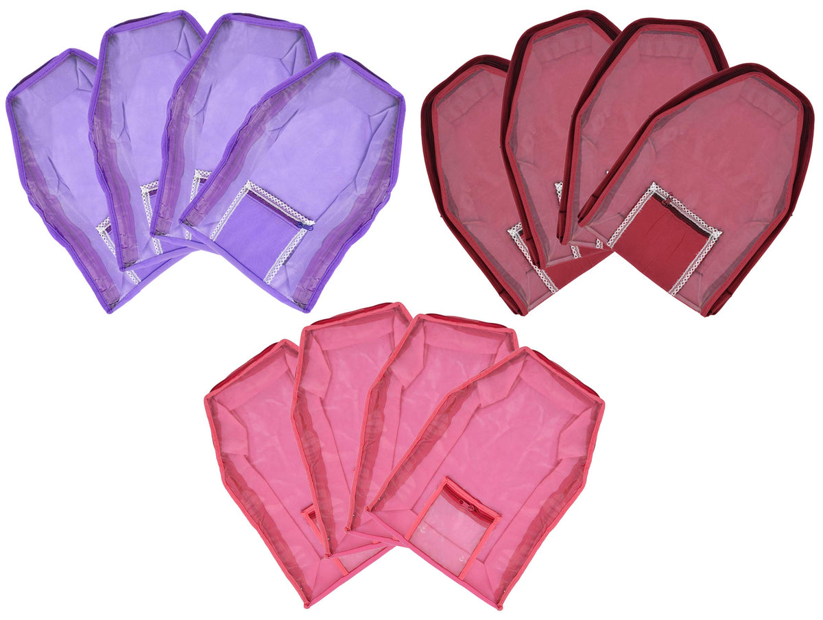 Kuber Industries 12 Piece Non Woven Blouse Cover with Front Transparent Window with Attached Pocket Set (Purple & Maroon & Pink)