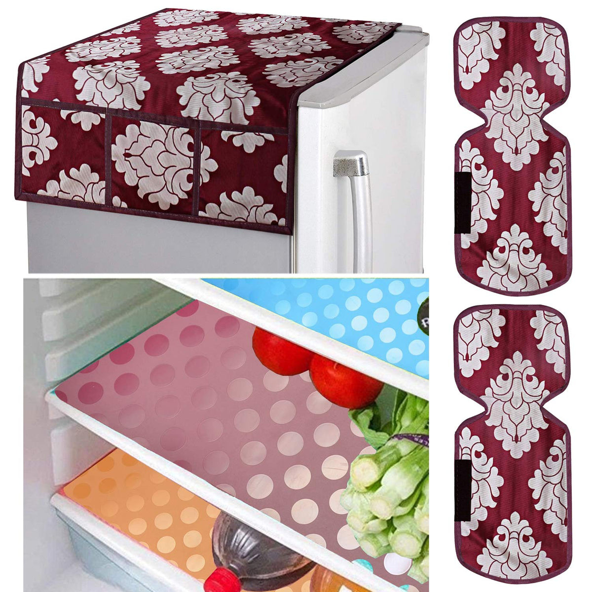 Kuber Industries Flower Design Combo PVC 3 Pieces Fridge Mats, 2 Piece Handle Cover and 1 Piece Fridge Top Cover(Maroon)