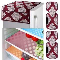 Kuber Industries Flower Design Combo PVC 3 Pieces Fridge Mats, 2 Piece Handle Cover and 1 Piece Fridge Top Cover(Maroon)