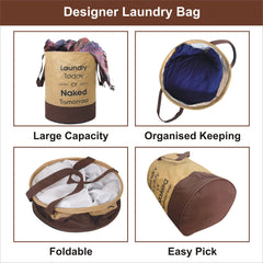 Kuber Industries Waterproof Round Non Wovan Laundry Bag/Hamper|Metalic Printed With Handles|Foldable Bin & 45 Liter Capicity|Size 37 x 37 x 49, Pack of 1 (Beige & Brown)-KUBMART11450