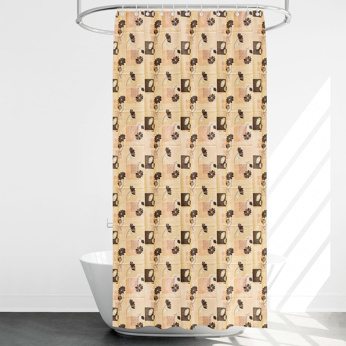 Kuber Industries Shower Curtain | AC Curtain for Bathroom | Brown Flower Super Soft PVC AC Curtain for Door | Bathroom Shower Curtain with Hooks | 7 Feet | Cream