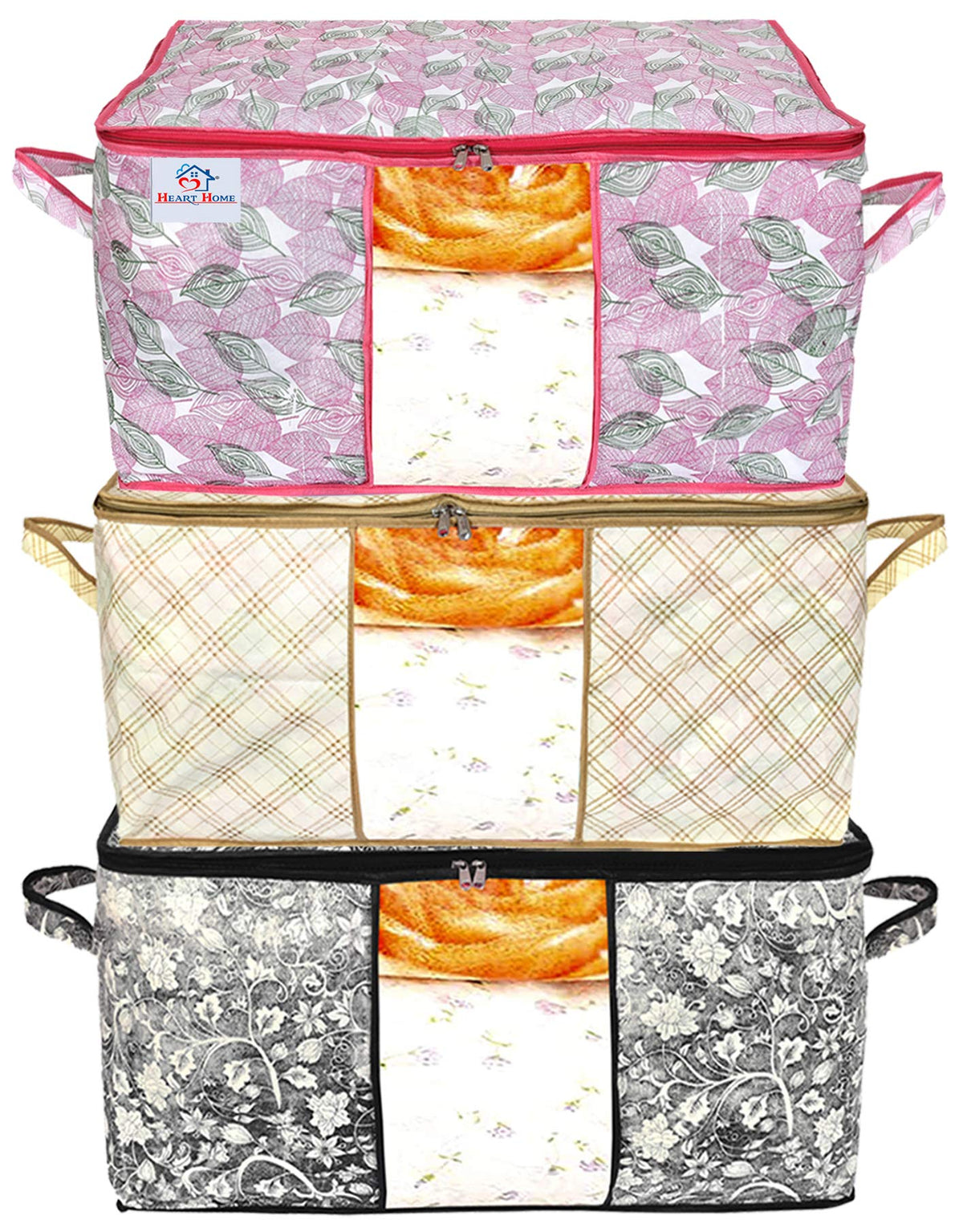 Heart Home Metalic Print Non Woven 6 Pieces Underbed Storage Bag,Cloth Organiser,Blanket Cover with Transparent Window (Ivory & Black & Pink)-HHEART16649