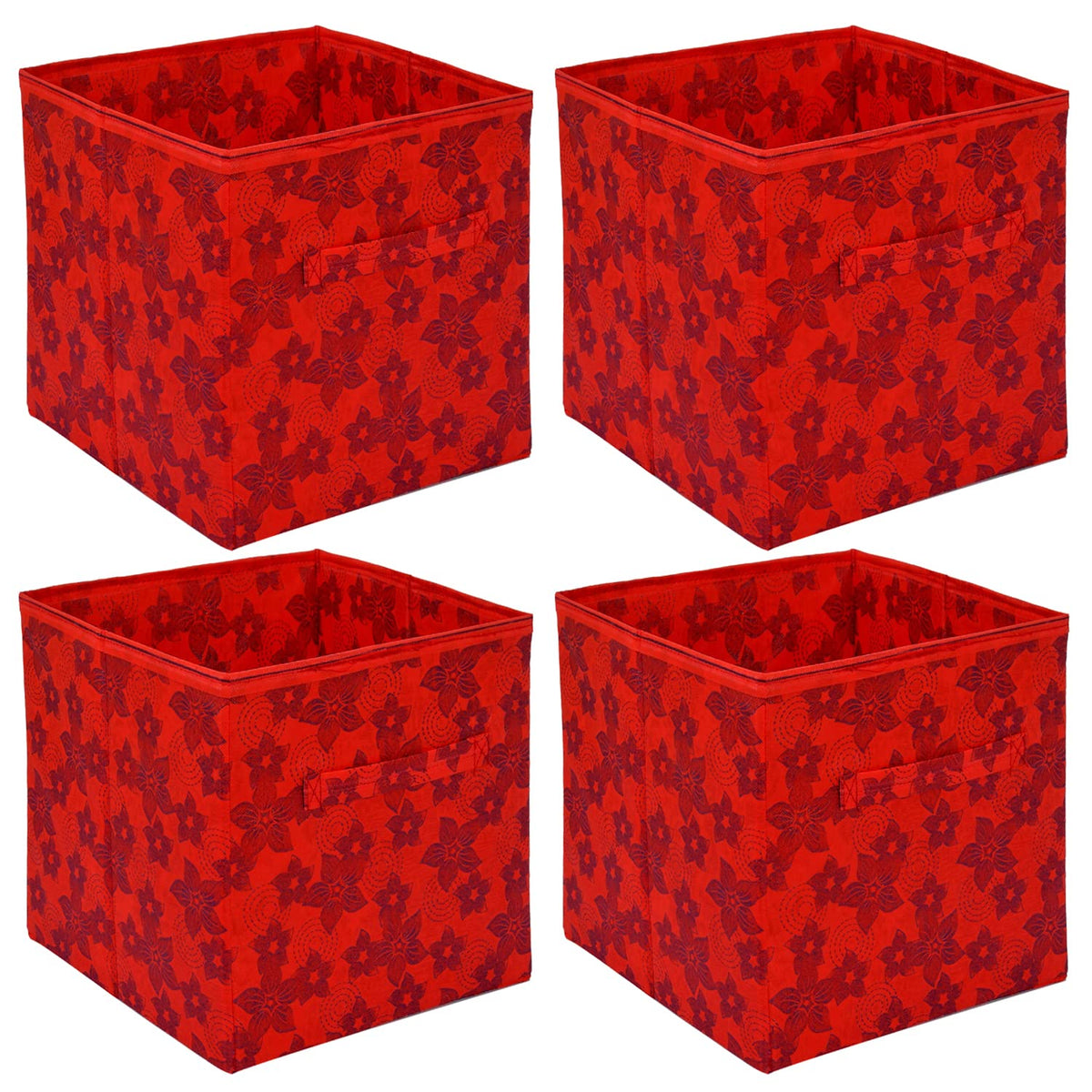 Heart Home Metalic Printed Non-Woven Storage Box/Bin With Handle- Pack of 4 (Red)-HS43HEARTH26218