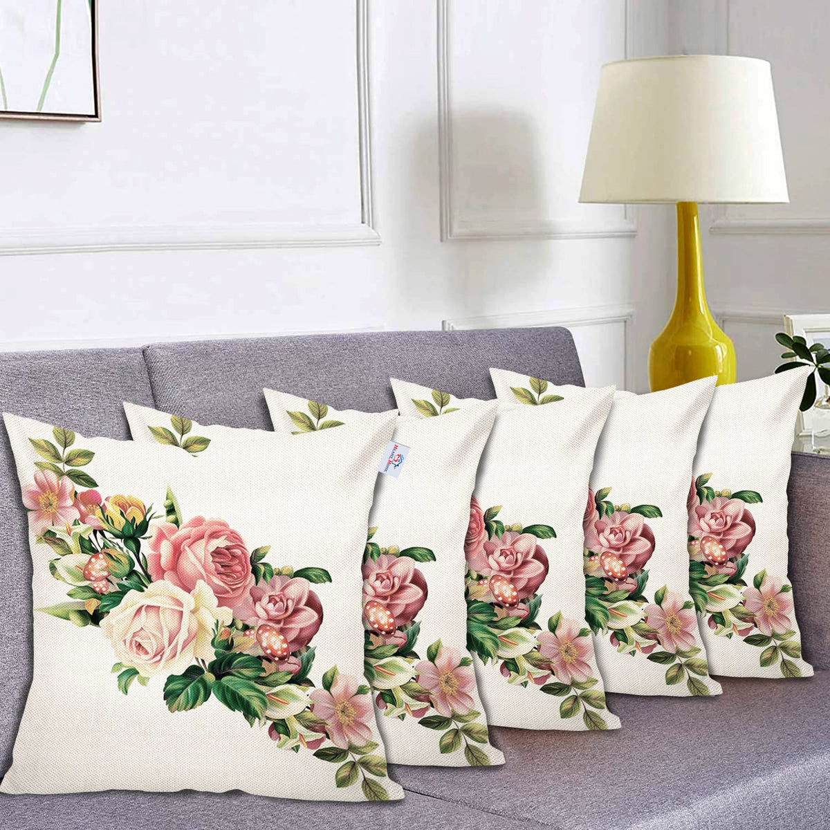 Heart Home Flower Print Soft Decorative Square Cushion Cover, Cushion Case for Sofa Couch Bed 16x16 Inch- Pack of 5 (White) 52HH3910