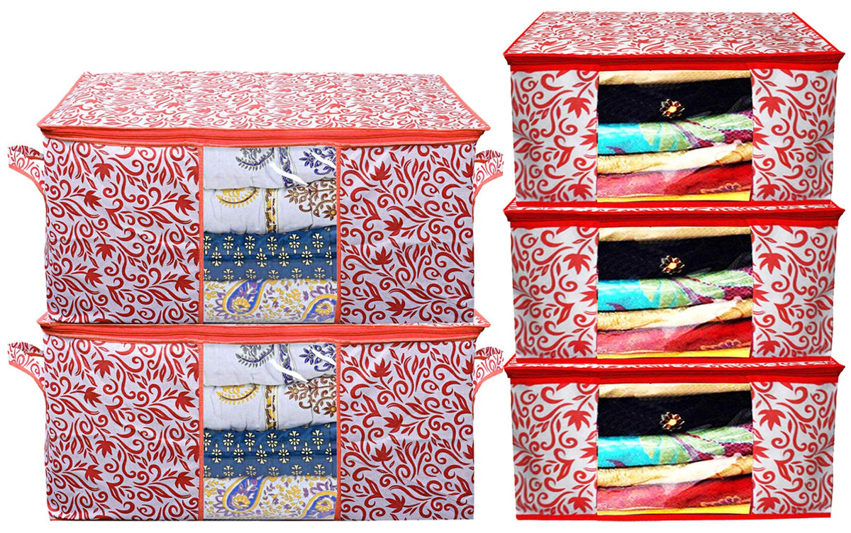 Kuber Industries Leaf Design Non Woven 3 Pieces Saree Cover and 2 Pieces Underbed Storage Bag, Cloth Organizer for Storage, Blanket Cover Combo Set (Red) - CTKTC038669