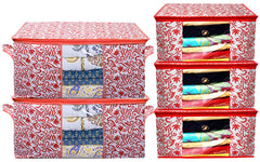 Kuber Industries Leaf Design Non Woven 3 Pieces Saree Cover and 2 Pieces Underbed Storage Bag, Cloth Organizer for Storage, Blanket Cover Combo Set (Red) - CTKTC038669
