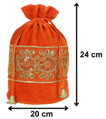 Kuber Industries Embroidered Design Potli Bags Handbags for Women Gifting Wristlets for Wedding, Festival, Kitty Subh Shagun-Pack of 3 (Orange)