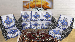 Kuber Industries Flower Cotton 6 Piece 5 Seater Sofa Cover Set (Blue and Cream) - CTKTC022272